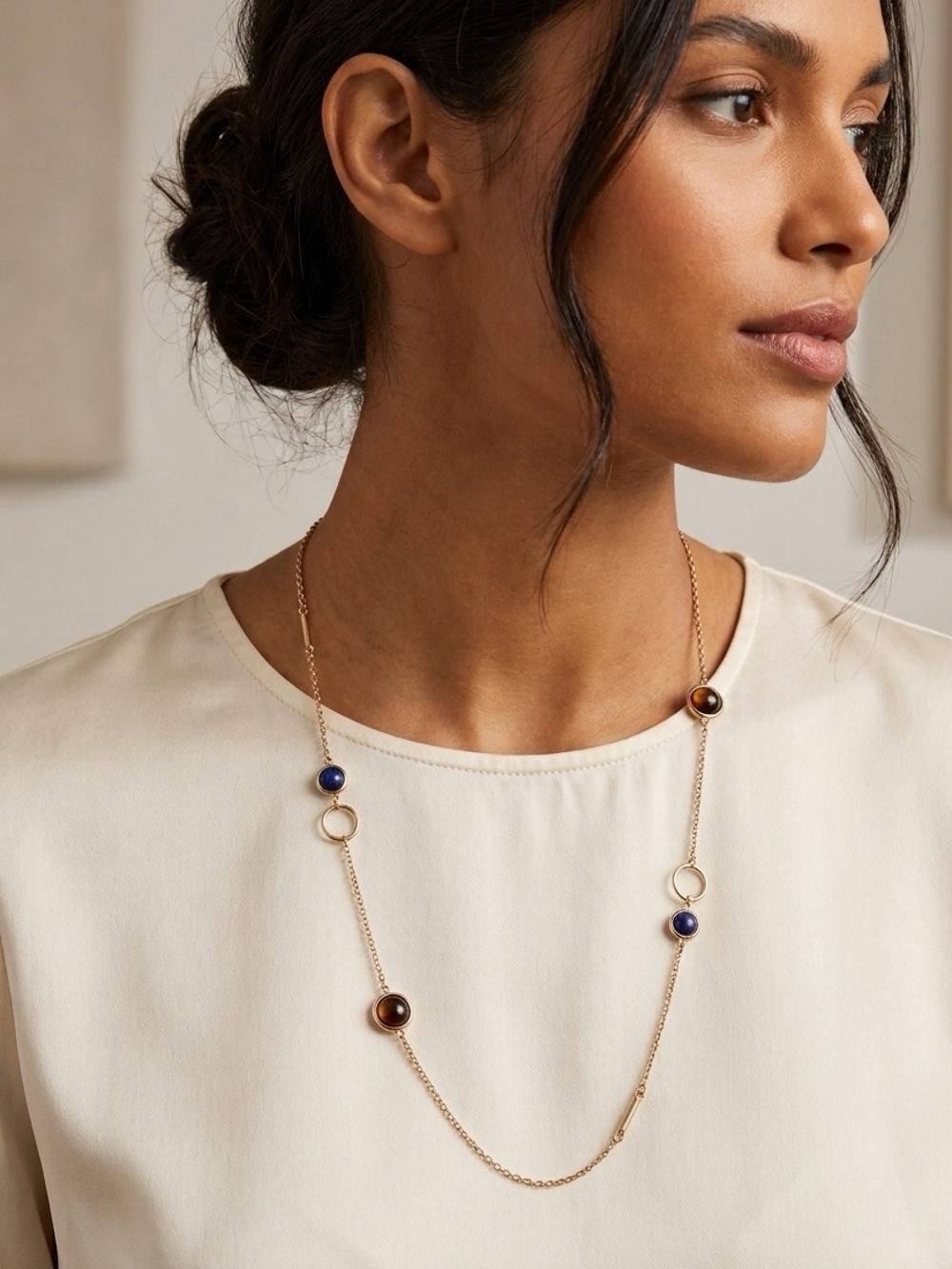14th & Union Gold Strand Necklace with Blue Brown Stones Nordstrom Rack NWT